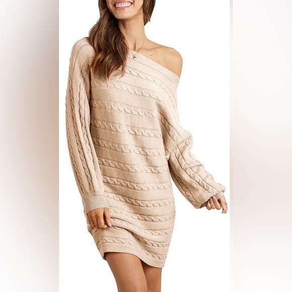 NWOT Cable Knit Beige Off Shoulder Long Sleeve Sweater Dress - Picture 1 of 4